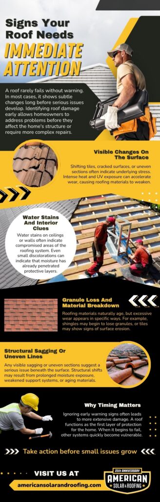 Infographic highlighting the signs that indicate your roof needs immediate attention, such as visible changes on the surface, water stains, granule loss, and structural sagging. Includes tips on how to act before minor issues become bigger problems.