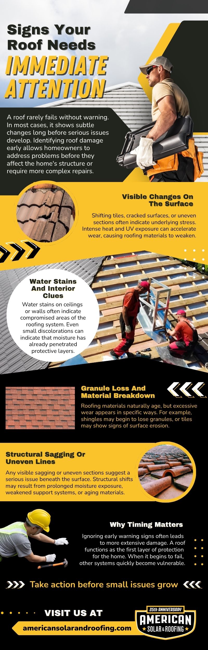Infographic highlighting the signs that indicate your roof needs immediate attention, such as visible changes on the surface, water stains, granule loss, and structural sagging. Includes tips on how to act before minor issues become bigger problems.