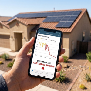 Solar monitoring app displaying a system alert for a Phoenix rooftop solar installation