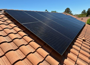a rooftop with solar panels.