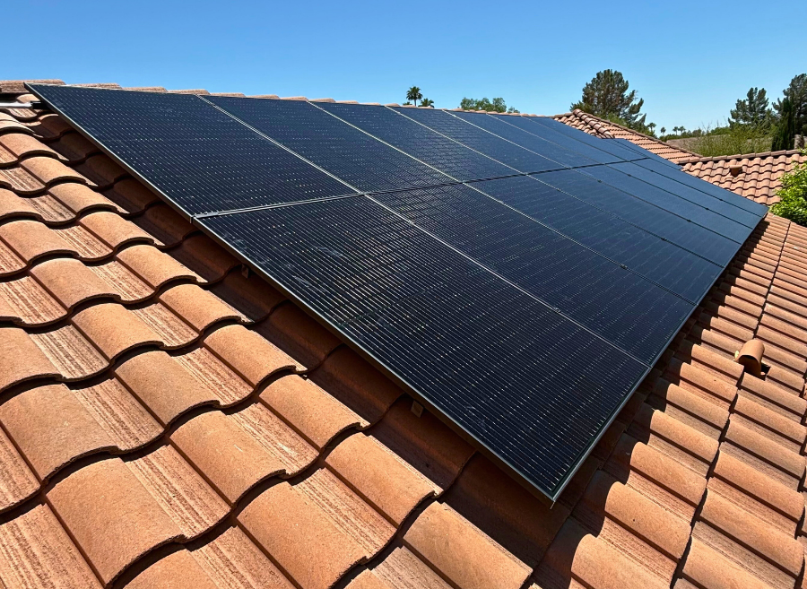 a rooftop with solar panels.