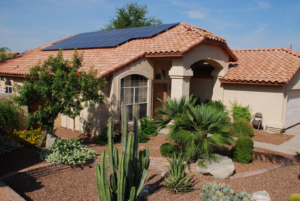 a house with solar panels.